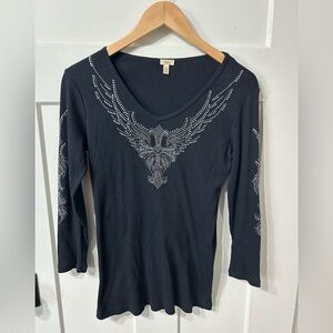 Y2K 90s black V-neck bling rhinestone embellishment neckline Reba